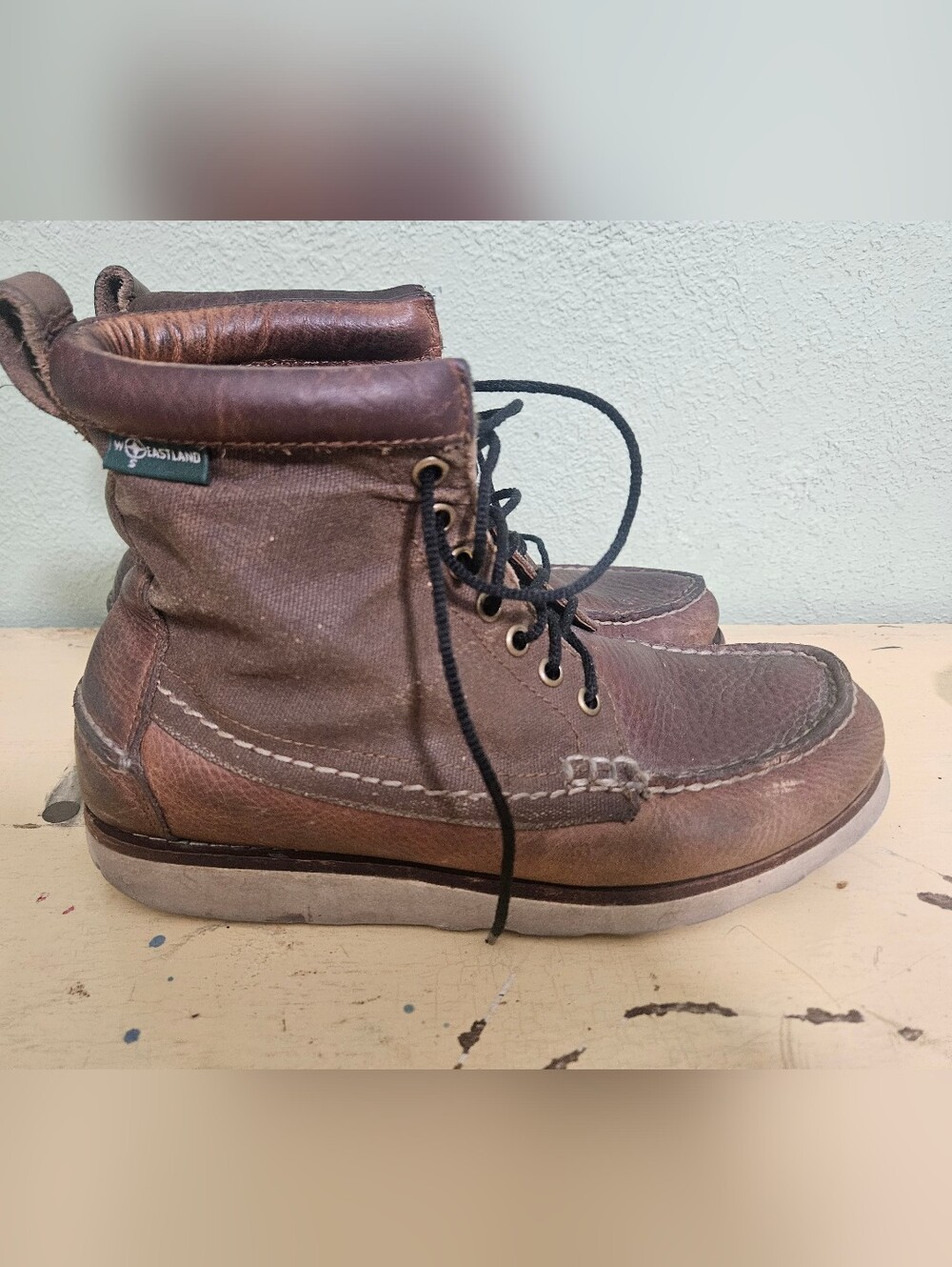 Eastland Sherman Brown Leather & Canvas Lace-Up Moccasin Wedge Boots
